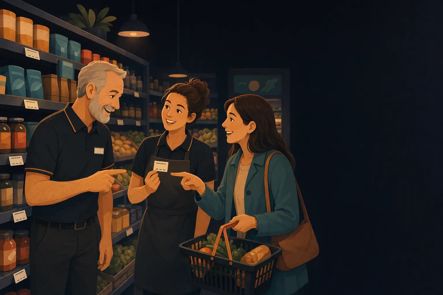 AI-generated illustration of a store manager, a store employee and a customer sharing a local shelf price together
